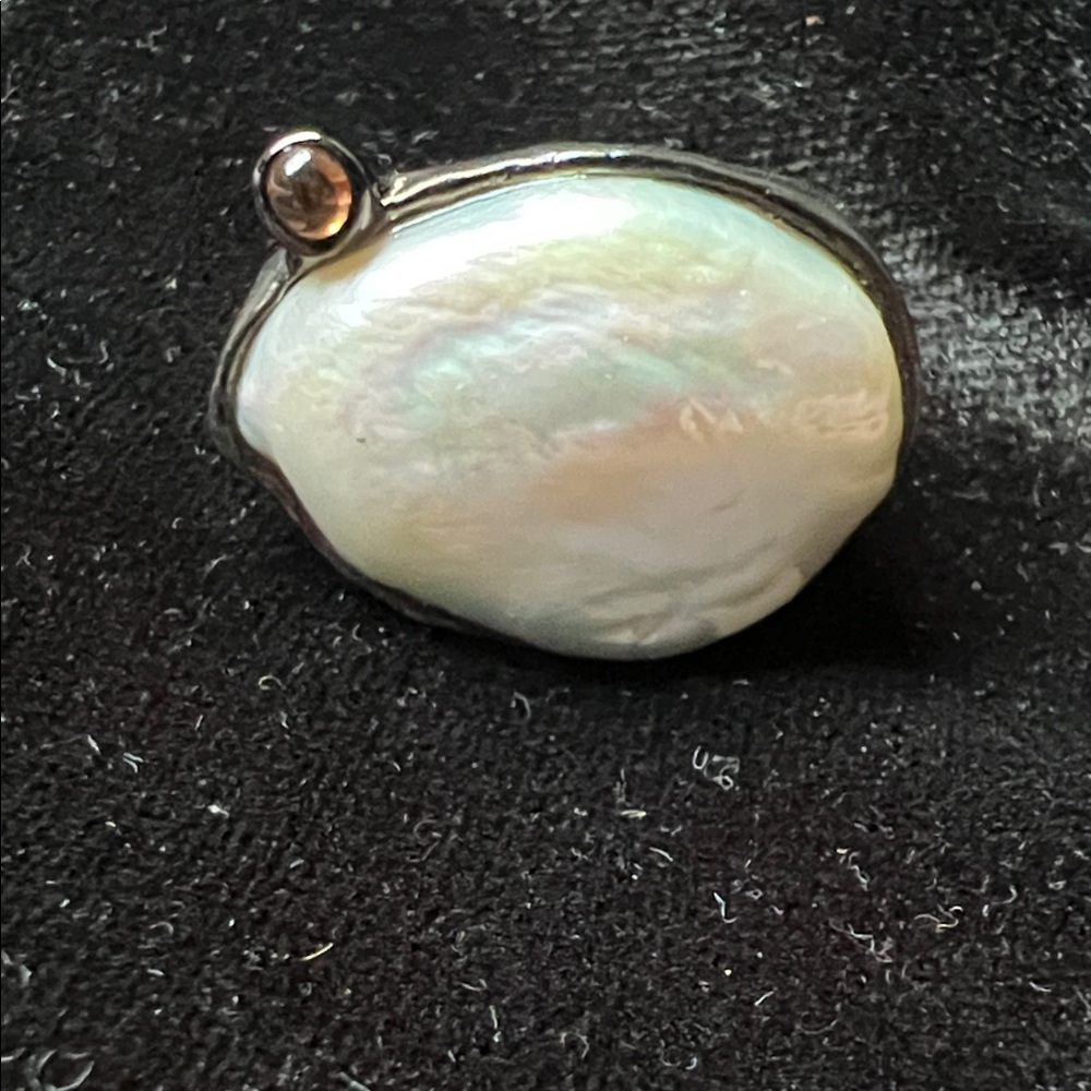 ANOMO BAROQUE PEARL AND ORANGE SAPPHIRE Black Ruthenium Ring by German Kabirski